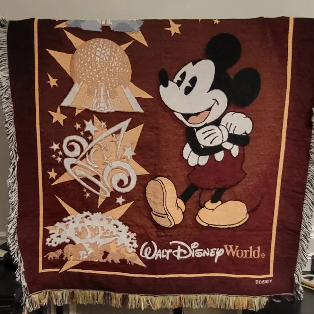 Walt Disney World Mickey Mouse Throw Blanket Tapestry Magic Kingdom Epcot Vtg